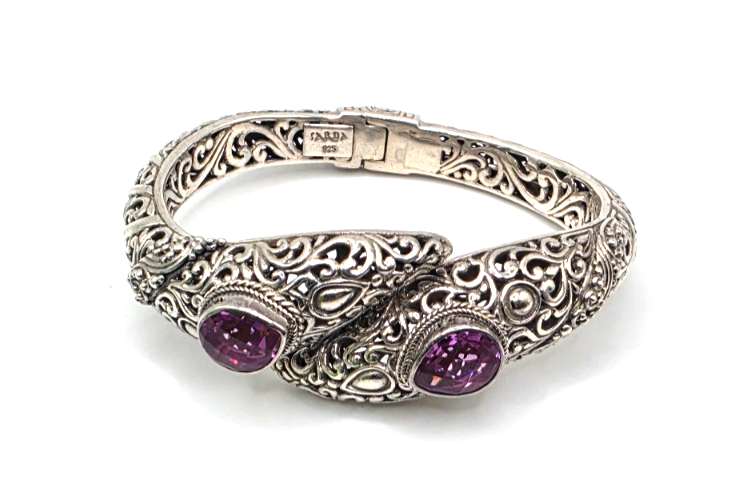 SARDA 925 Sterling Silver Purple Gemstone Bypass Hinged Cuff Bracelet NWOT