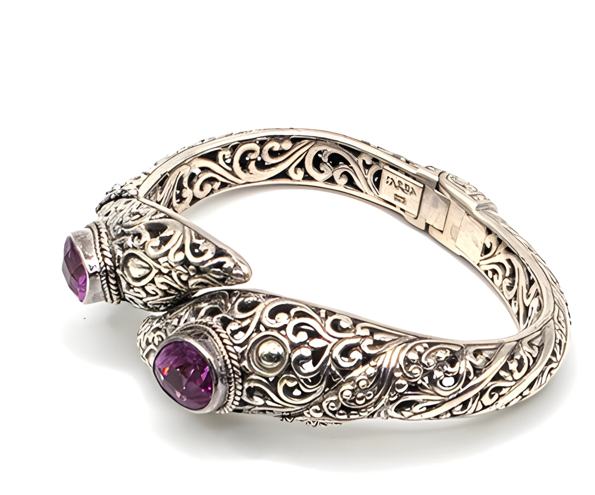 SARDA 925 Sterling Silver Purple Gemstone Bypass Hinged Cuff Bracelet NWOT