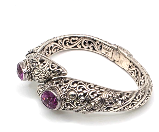 SARDA 925 Sterling Silver Purple Gemstone Bypass Hinged Cuff Bracelet NWOT