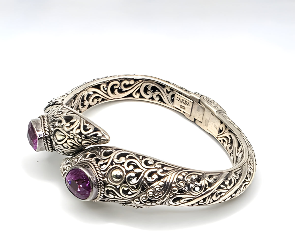 SARDA 925 Sterling Silver Purple Gemstone Bypass Hinged Cuff Bracelet NWOT