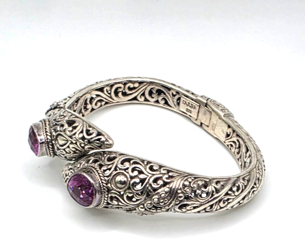 SARDA 925 Sterling Silver Purple Gemstone Bypass Hinged Cuff Bracelet NWOT