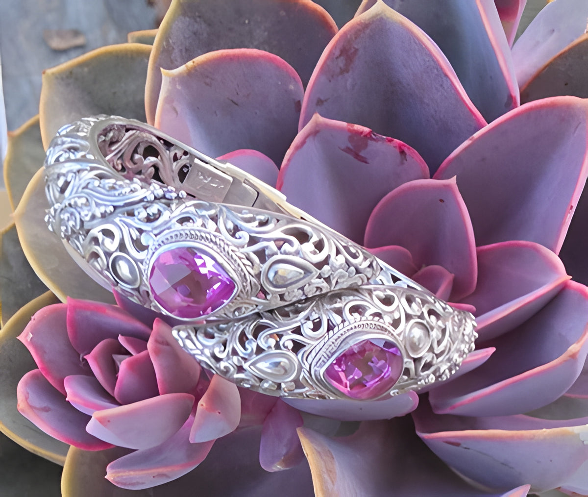 SARDA 925 Sterling Silver Purple Gemstone Bypass Hinged Cuff Bracelet NWOT