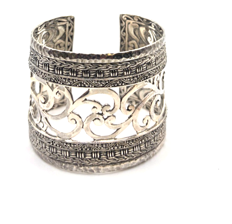 SARDA 925 Sterling Silver Wide Cuff Bracelet Openwork Scroll 85.6g