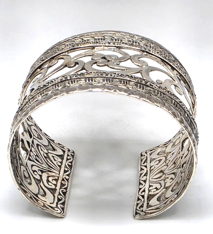 SARDA 925 Sterling Silver Wide Cuff Bracelet Openwork Scroll 85.6g