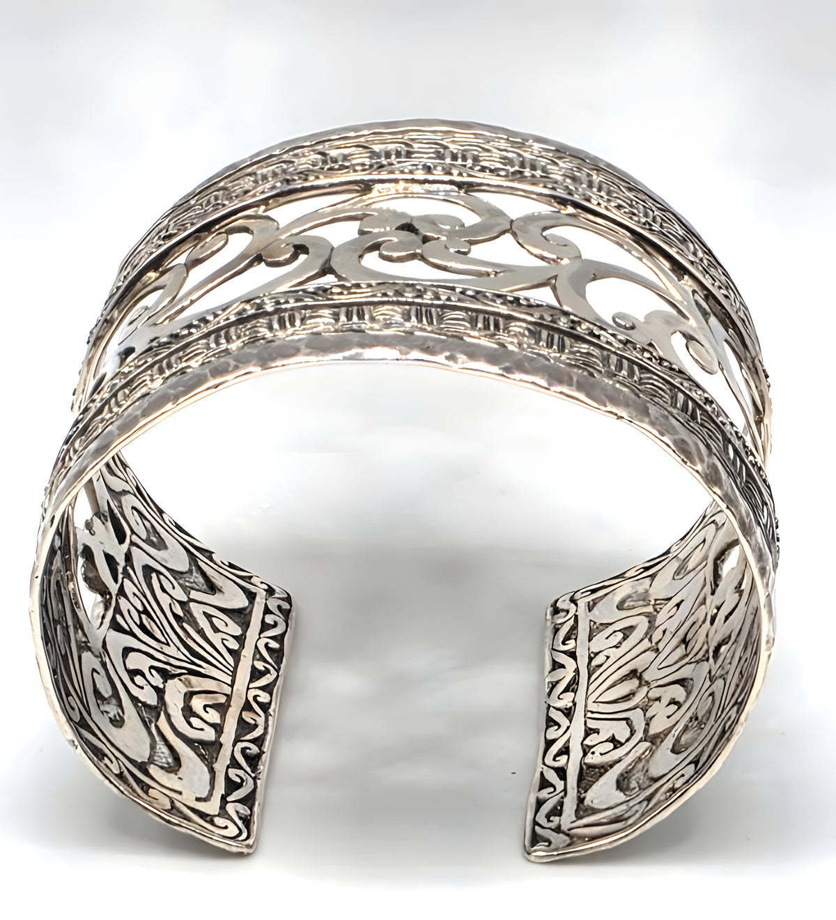 SARDA 925 Sterling Silver Wide Cuff Bracelet Openwork Scroll 85.6g