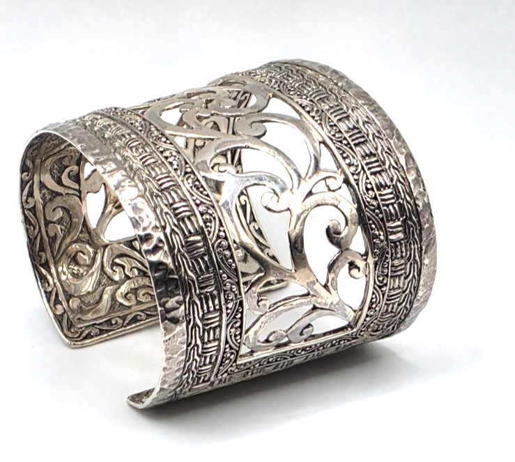 SARDA 925 Sterling Silver Wide Cuff Bracelet Openwork Scroll 85.6g