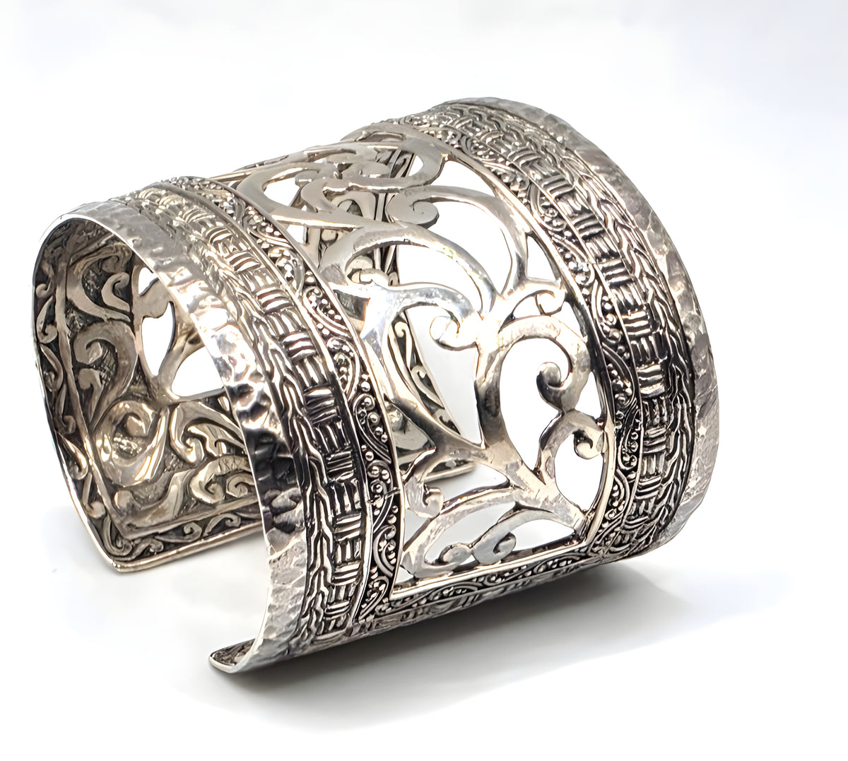 SARDA 925 Sterling Silver Wide Cuff Bracelet Openwork Scroll 85.6g