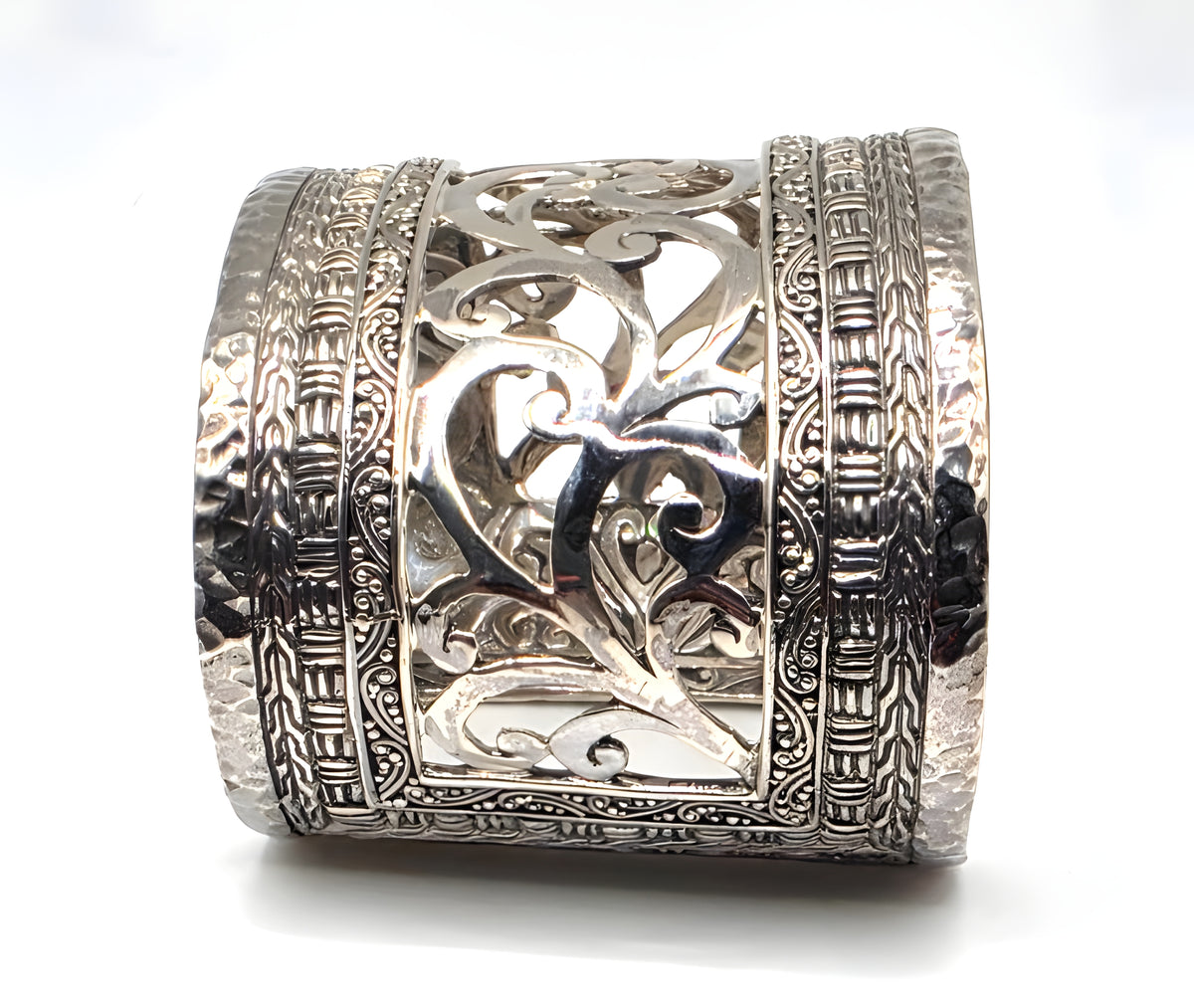 SARDA 925 Sterling Silver Wide Cuff Bracelet Openwork Scroll 85.6g