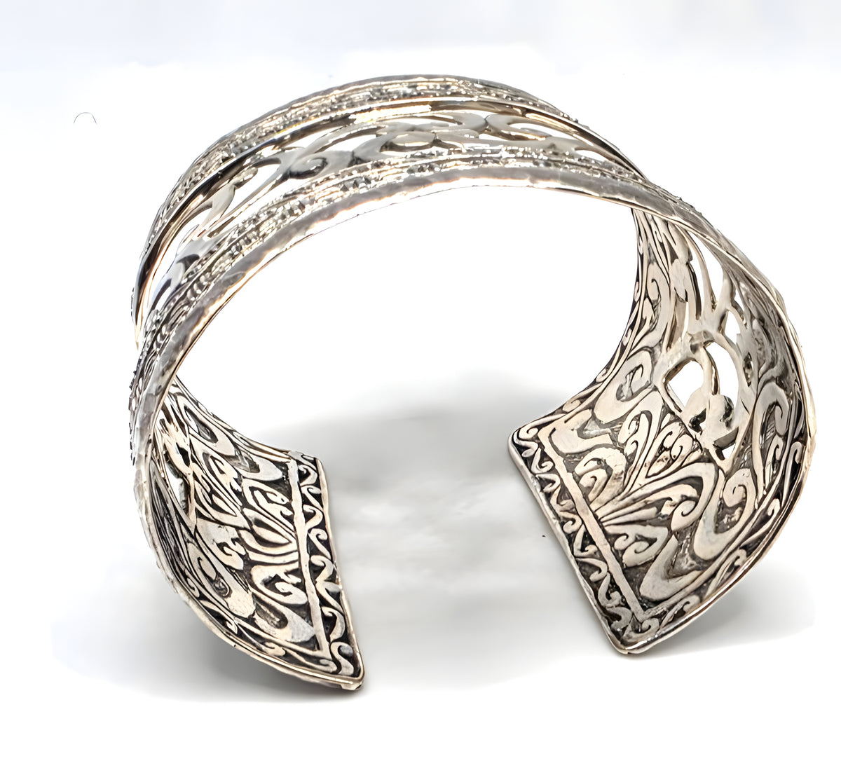 SARDA 925 Sterling Silver Wide Cuff Bracelet Openwork Scroll 85.6g