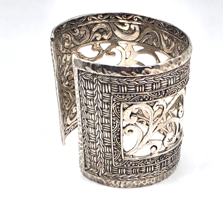 SARDA 925 Sterling Silver Wide Cuff Bracelet Openwork Scroll 85.6g