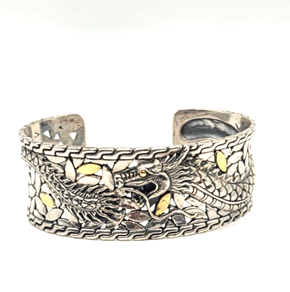 Sterling Silver 925 18K accent Gold Dragon Wide Cuff Bracelet Two Tone