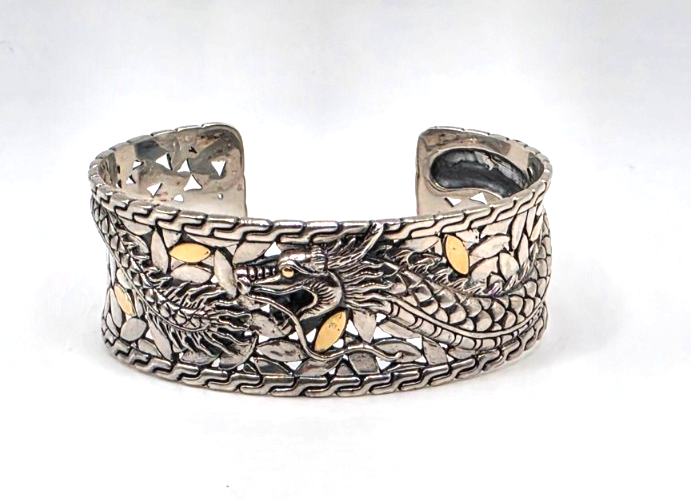 Sterling Silver 925 18K accent Gold Dragon Wide Cuff Bracelet Two Tone