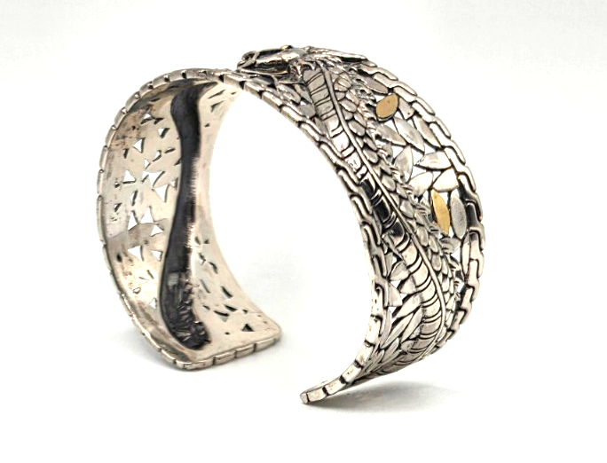 Sterling Silver 925 18K accent Gold Dragon Wide Cuff Bracelet Two Tone