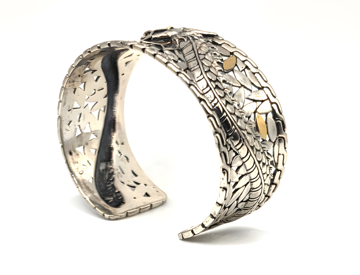 Sterling Silver 925 18K accent Gold Dragon Wide Cuff Bracelet Two Tone