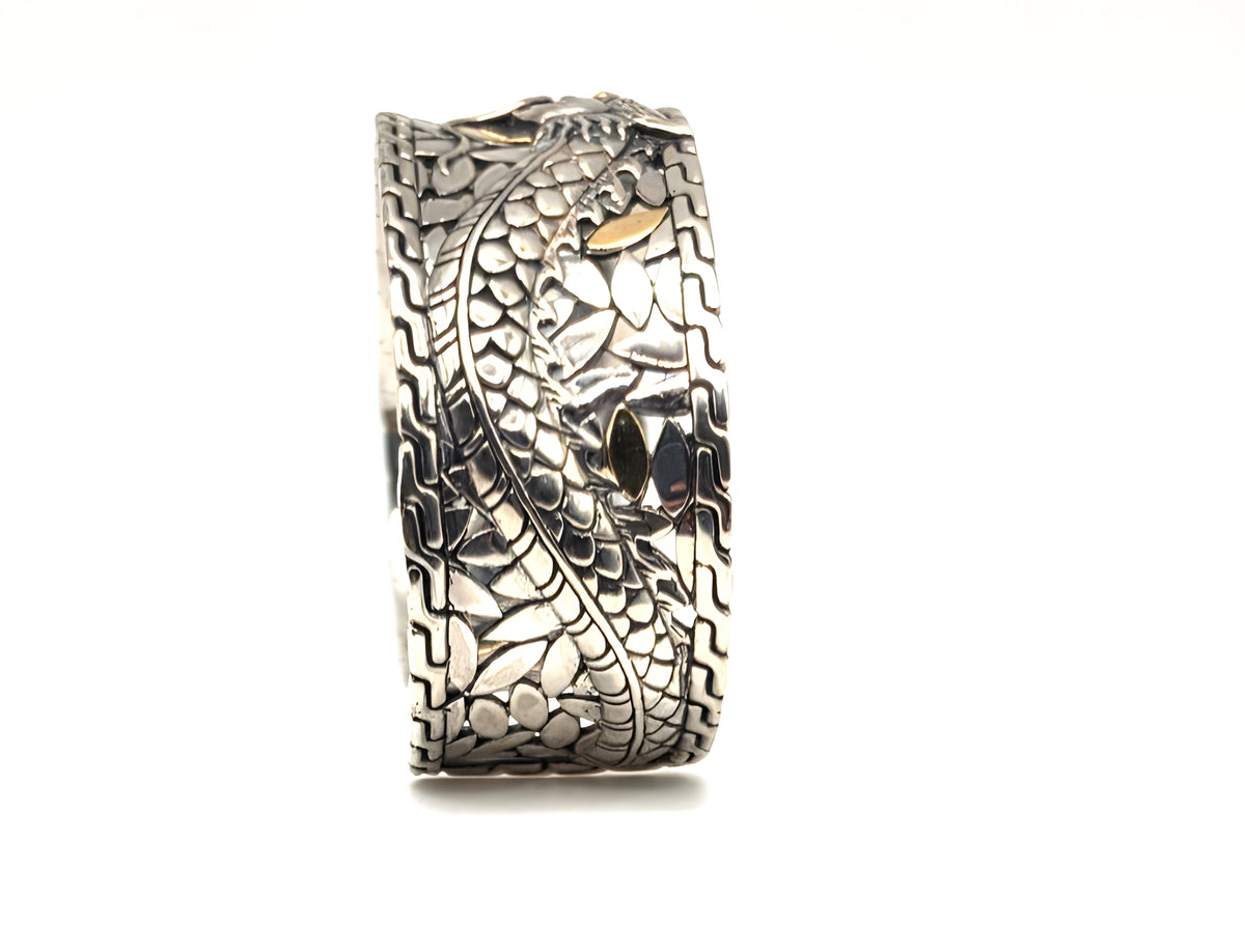 Sterling Silver 925 18K accent Gold Dragon Wide Cuff Bracelet Two Tone