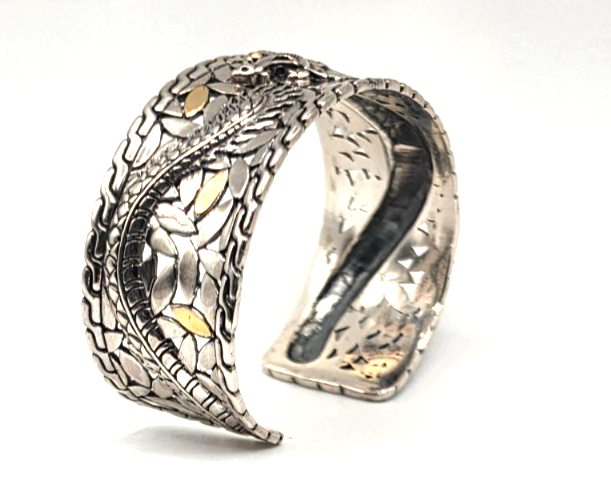 Sterling Silver 925 18K accent Gold Dragon Wide Cuff Bracelet Two Tone