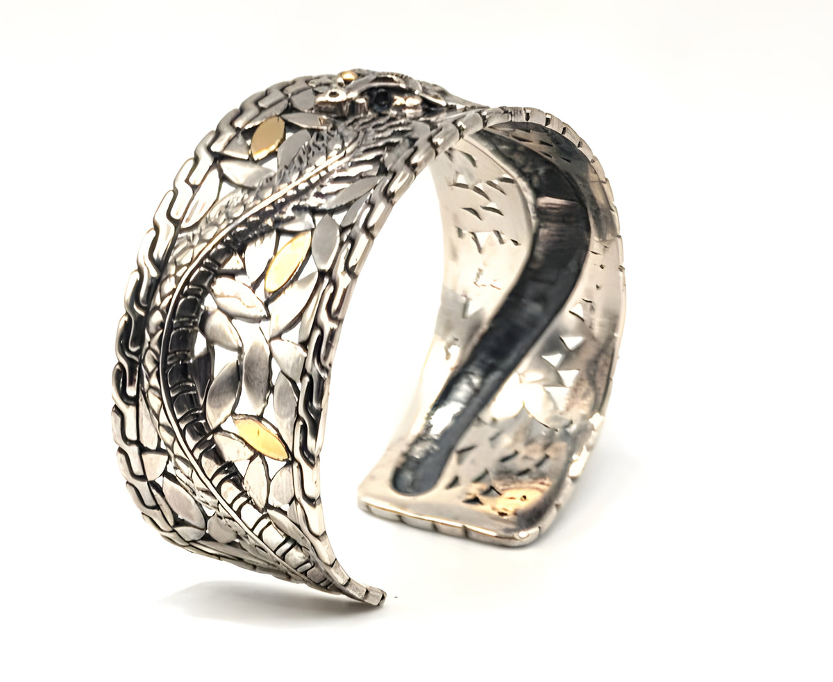 Sterling Silver 925 18K accent Gold Dragon Wide Cuff Bracelet Two Tone
