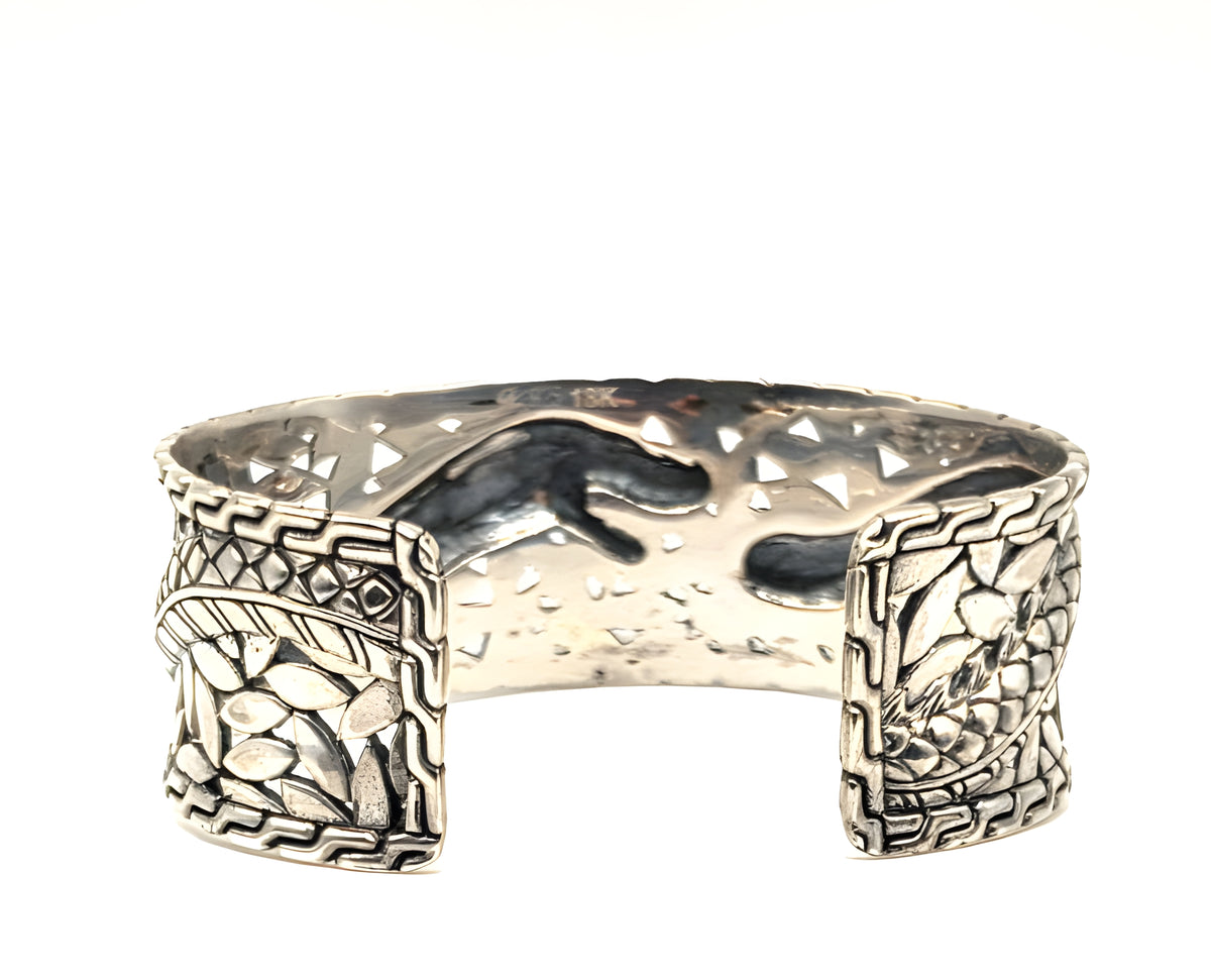 Sterling Silver 925 18K accent Gold Dragon Wide Cuff Bracelet Two Tone