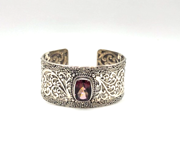 SARDA 925 Sterling Silver Wide Cuff Bracelet Garnet-Color Gemstone Filigree