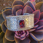 SARDA 925 Sterling Silver Wide Cuff Bracelet Garnet-Color Gemstone Filigree