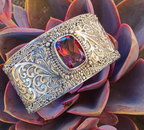 SARDA 925 Sterling Silver Wide Cuff Bracelet Garnet-Color Gemstone Filigree