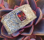 SARDA 925 Sterling Silver Wide Cuff Bracelet Garnet-Color Gemstone Filigree