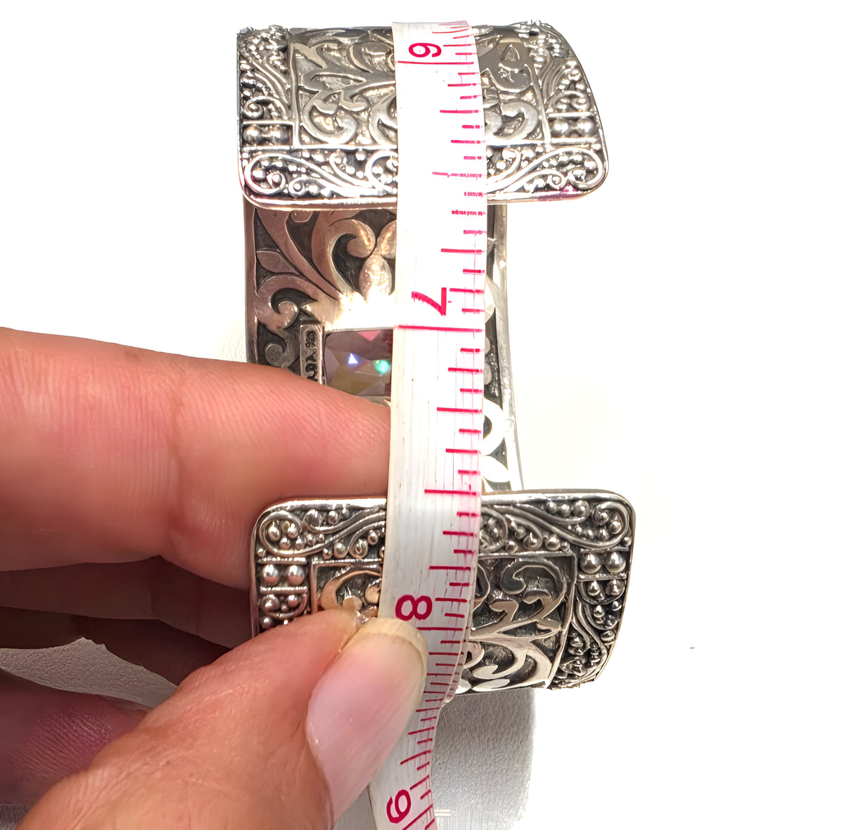 SARDA 925 Sterling Silver Wide Cuff Bracelet Garnet-Color Gemstone Filigree
