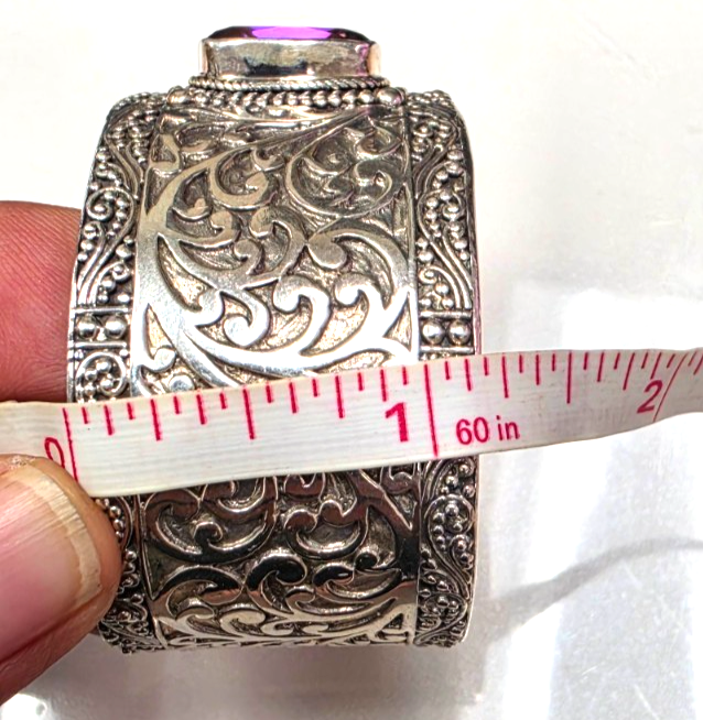 SARDA 925 Sterling Silver Wide Cuff Bracelet Garnet-Color Gemstone Filigree