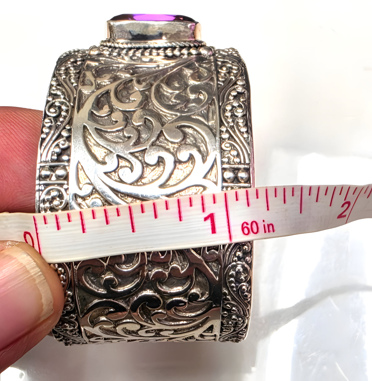 SARDA 925 Sterling Silver Wide Cuff Bracelet Garnet-Color Gemstone Filigree