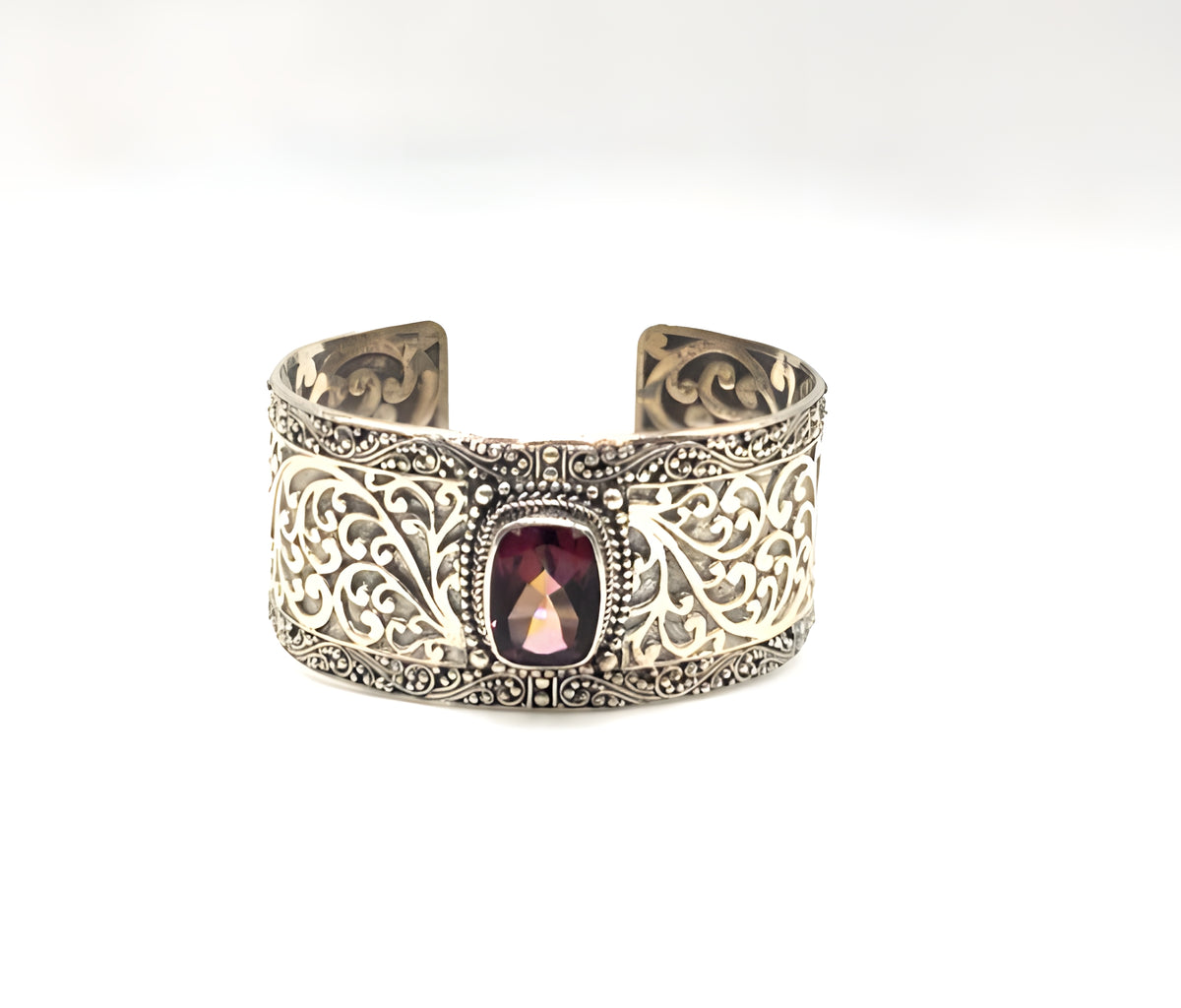 SARDA 925 Sterling Silver Wide Cuff Bracelet Garnet-Color Gemstone Filigree