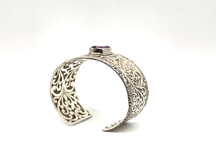 SARDA 925 Sterling Silver Wide Cuff Bracelet Garnet-Color Gemstone Filigree
