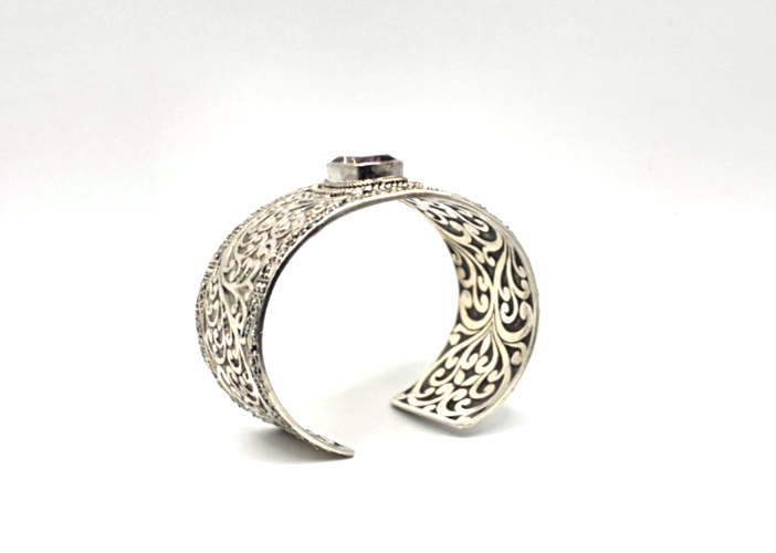 SARDA 925 Sterling Silver Wide Cuff Bracelet Garnet-Color Gemstone Filigree