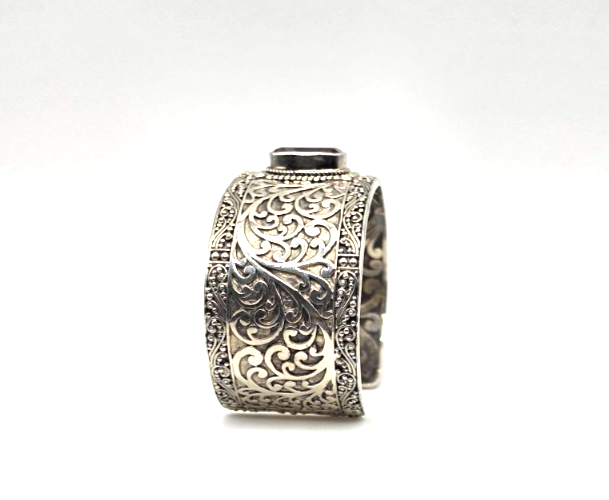 SARDA 925 Sterling Silver Wide Cuff Bracelet Garnet-Color Gemstone Filigree