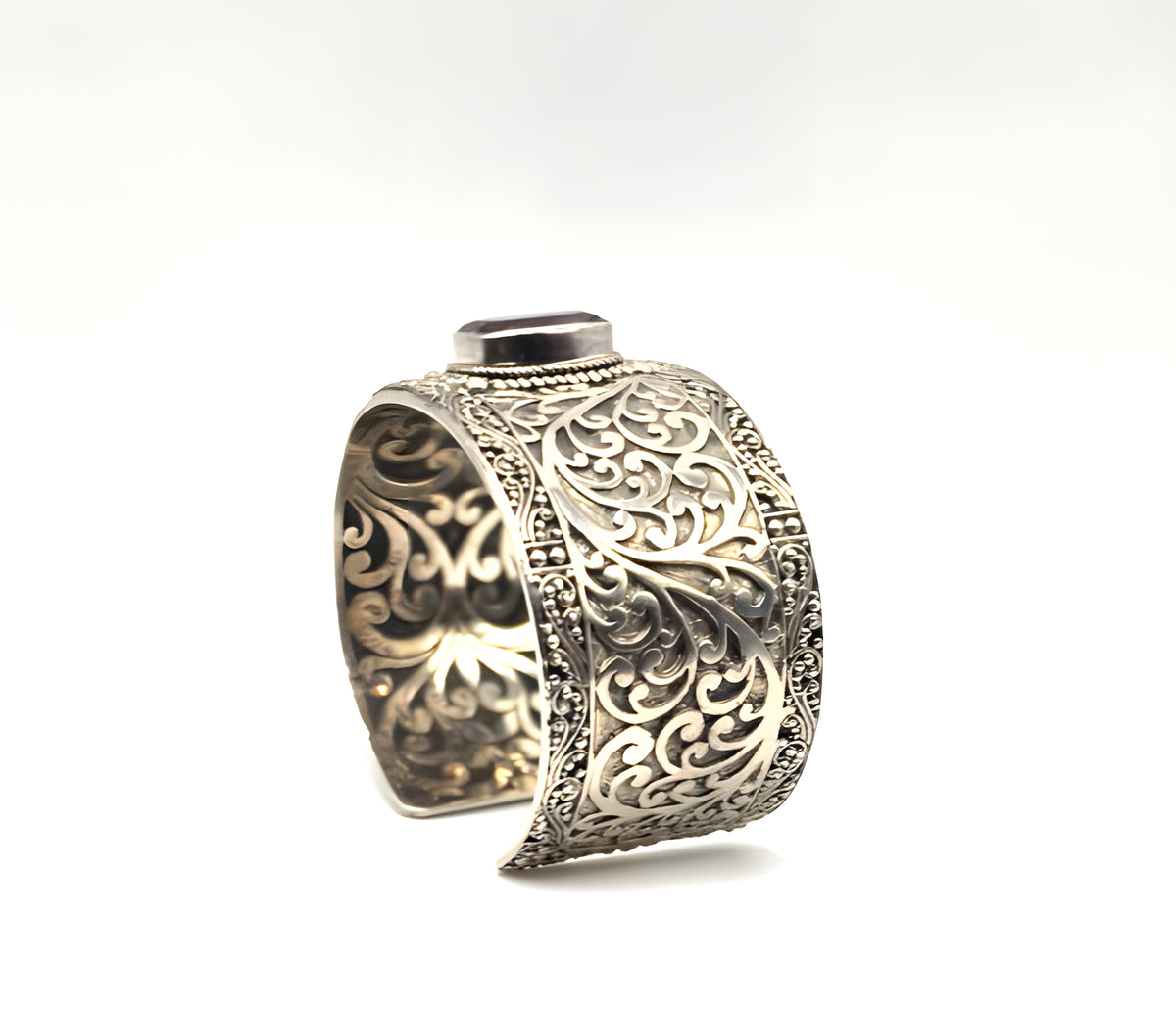 SARDA 925 Sterling Silver Wide Cuff Bracelet Garnet-Color Gemstone Filigree