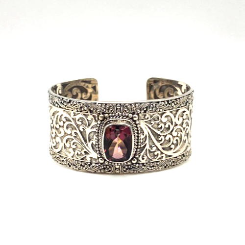 SARDA 925 Sterling Silver Wide Cuff Bracelet Garnet-Color Gemstone Filigree