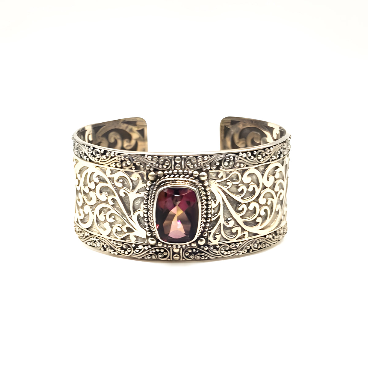 SARDA 925 Sterling Silver Wide Cuff Bracelet Garnet-Color Gemstone Filigree