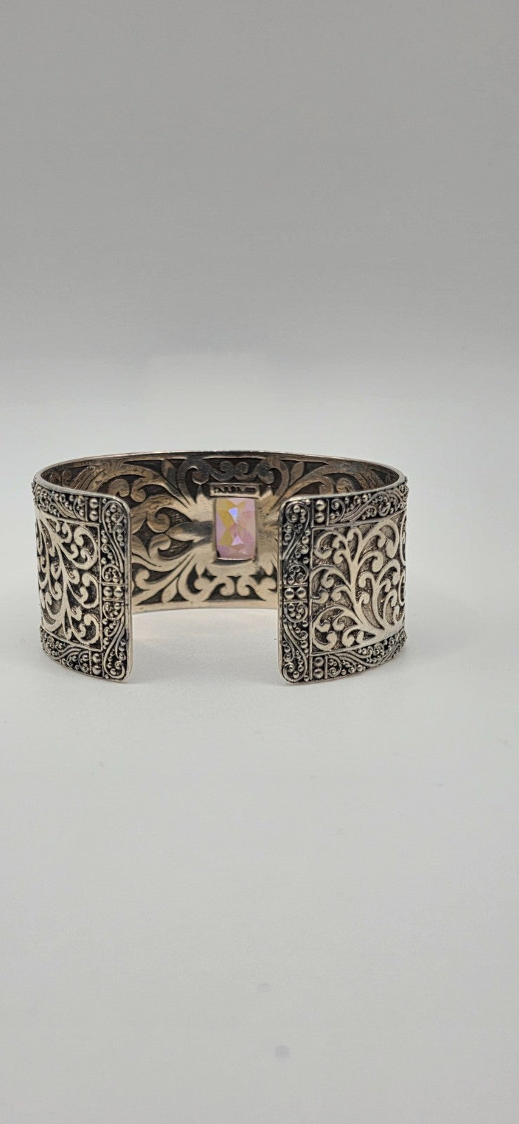 SARDA 925 Sterling Silver Wide Cuff Bracelet Garnet-Color Gemstone Filigree