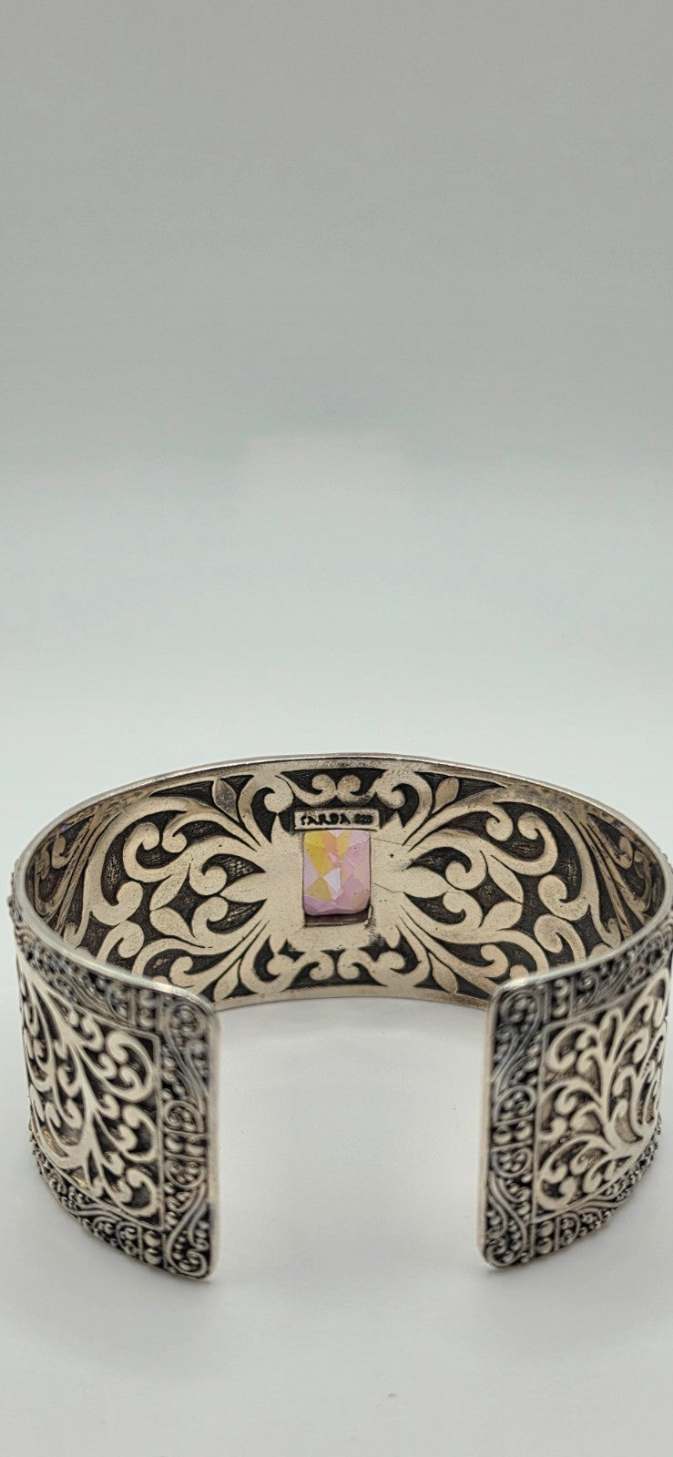 SARDA 925 Sterling Silver Wide Cuff Bracelet Garnet-Color Gemstone Filigree