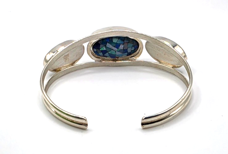 DI 925 Sterling Silver Blue Mosaic Inlay 3-Stone Cuff Bracelet 26g China