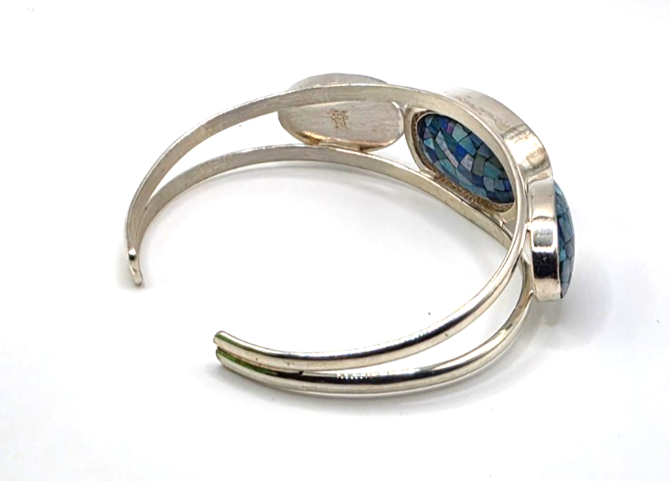 DI 925 Sterling Silver Blue Mosaic Inlay 3-Stone Cuff Bracelet 26g China