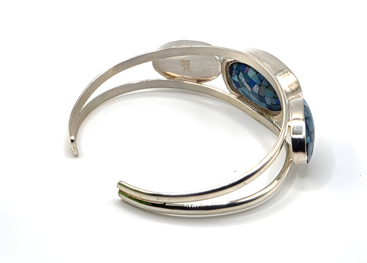 DI 925 Sterling Silver Blue Mosaic Inlay 3-Stone Cuff Bracelet 26g China
