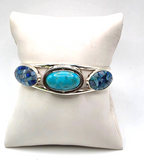 DI 925 Sterling Silver Blue Mosaic Inlay 3-Stone Cuff Bracelet 26g China