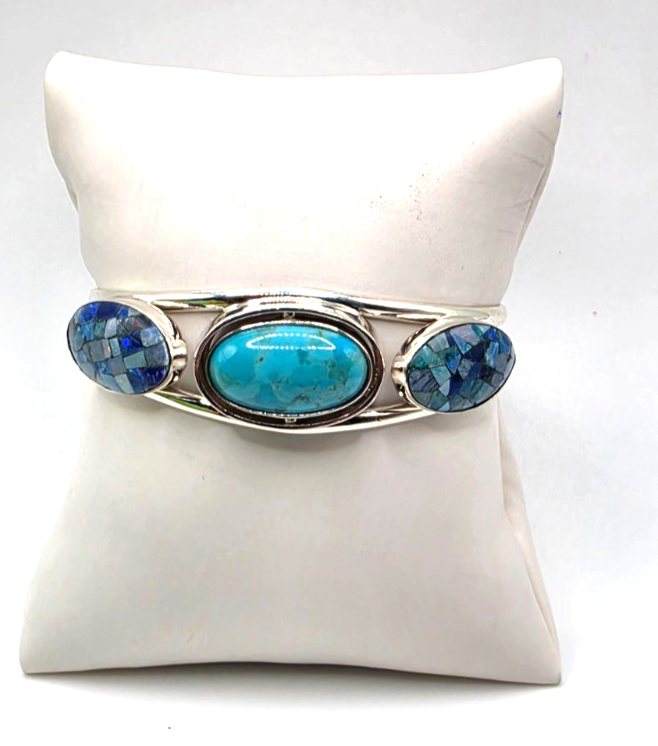 DI 925 Sterling Silver Blue Mosaic Inlay 3-Stone Cuff Bracelet 26g China