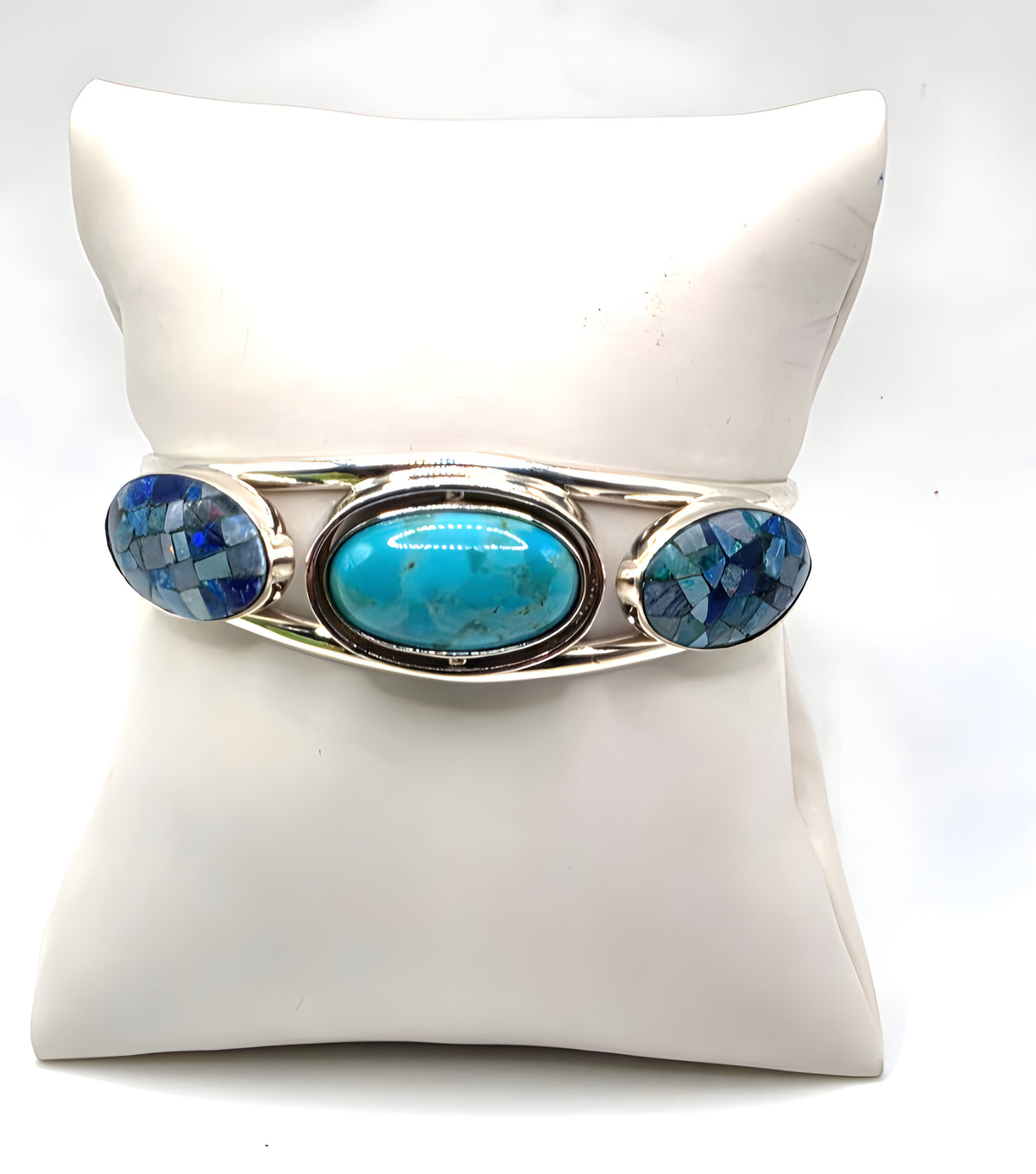 DI 925 Sterling Silver Blue Mosaic Inlay 3-Stone Cuff Bracelet 26g China