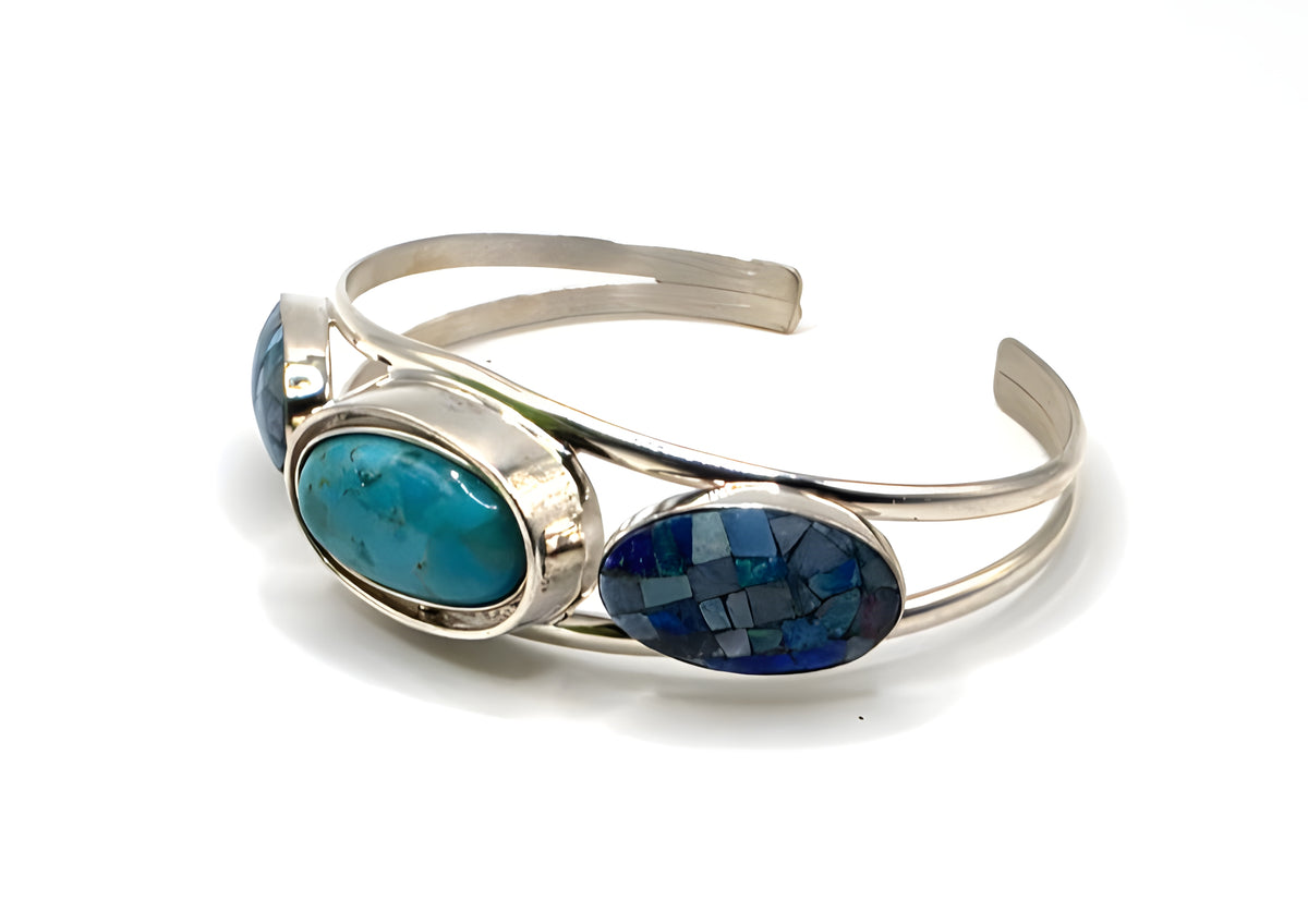 DI 925 Sterling Silver Blue Mosaic Inlay 3-Stone Cuff Bracelet 26g China
