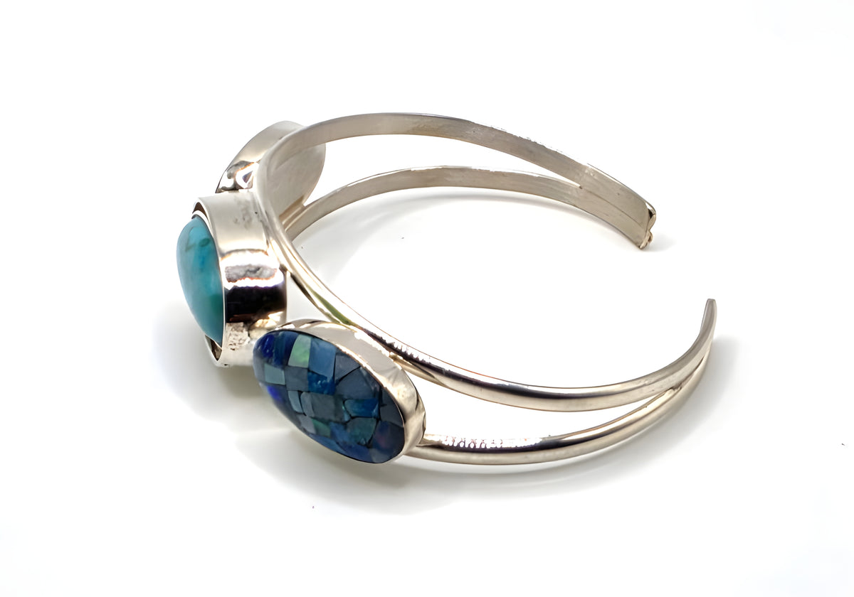 DI 925 Sterling Silver Blue Mosaic Inlay 3-Stone Cuff Bracelet 26g China