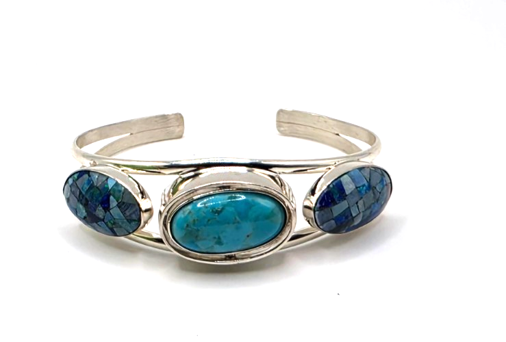 DI 925 Sterling Silver Blue Mosaic Inlay 3-Stone Cuff Bracelet 26g China