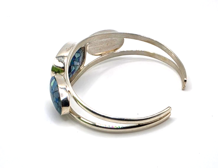 DI 925 Sterling Silver Blue Mosaic Inlay 3-Stone Cuff Bracelet 26g China