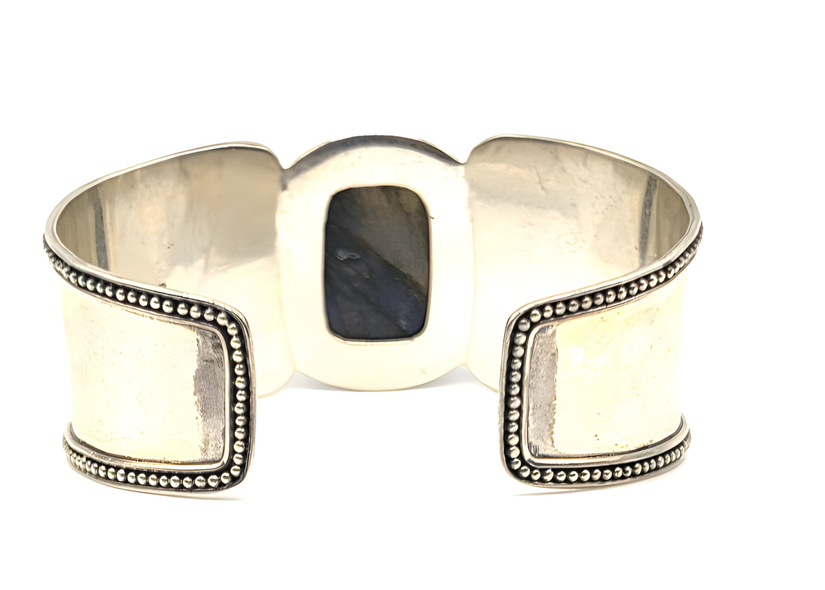 G 925 Sterling Silver Wide Cuff Bracelet Large Faceted Stone Ornate Scrollwork