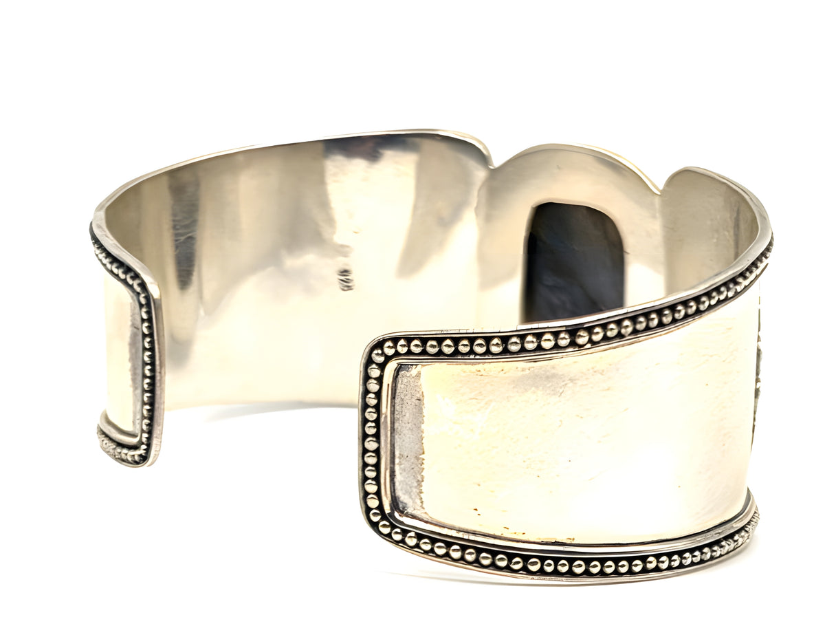 G 925 Sterling Silver Wide Cuff Bracelet Large Faceted Stone Ornate Scrollwork